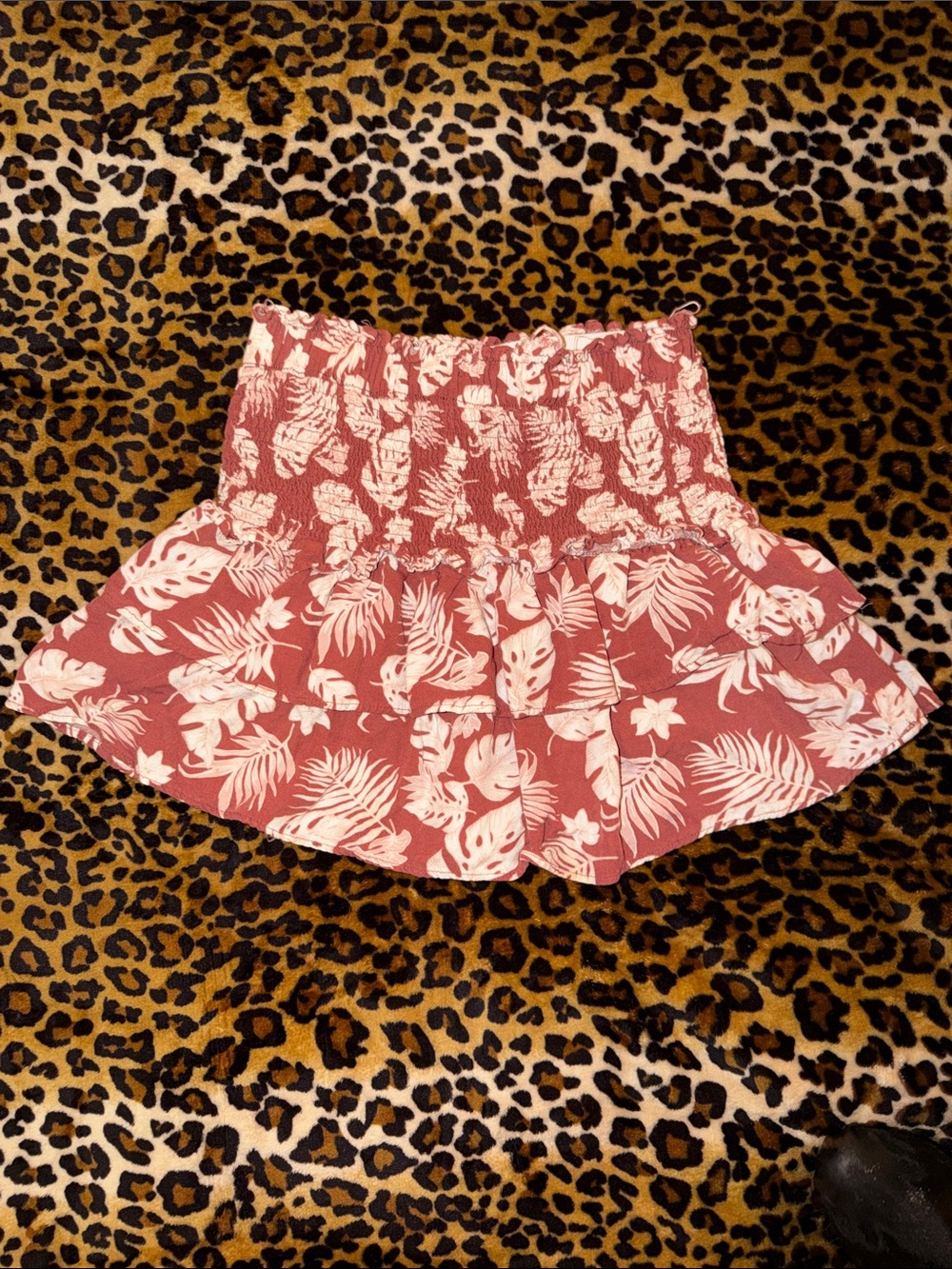 Alice Blue Pink Tropical Smocked Ruffle Mini Skirt